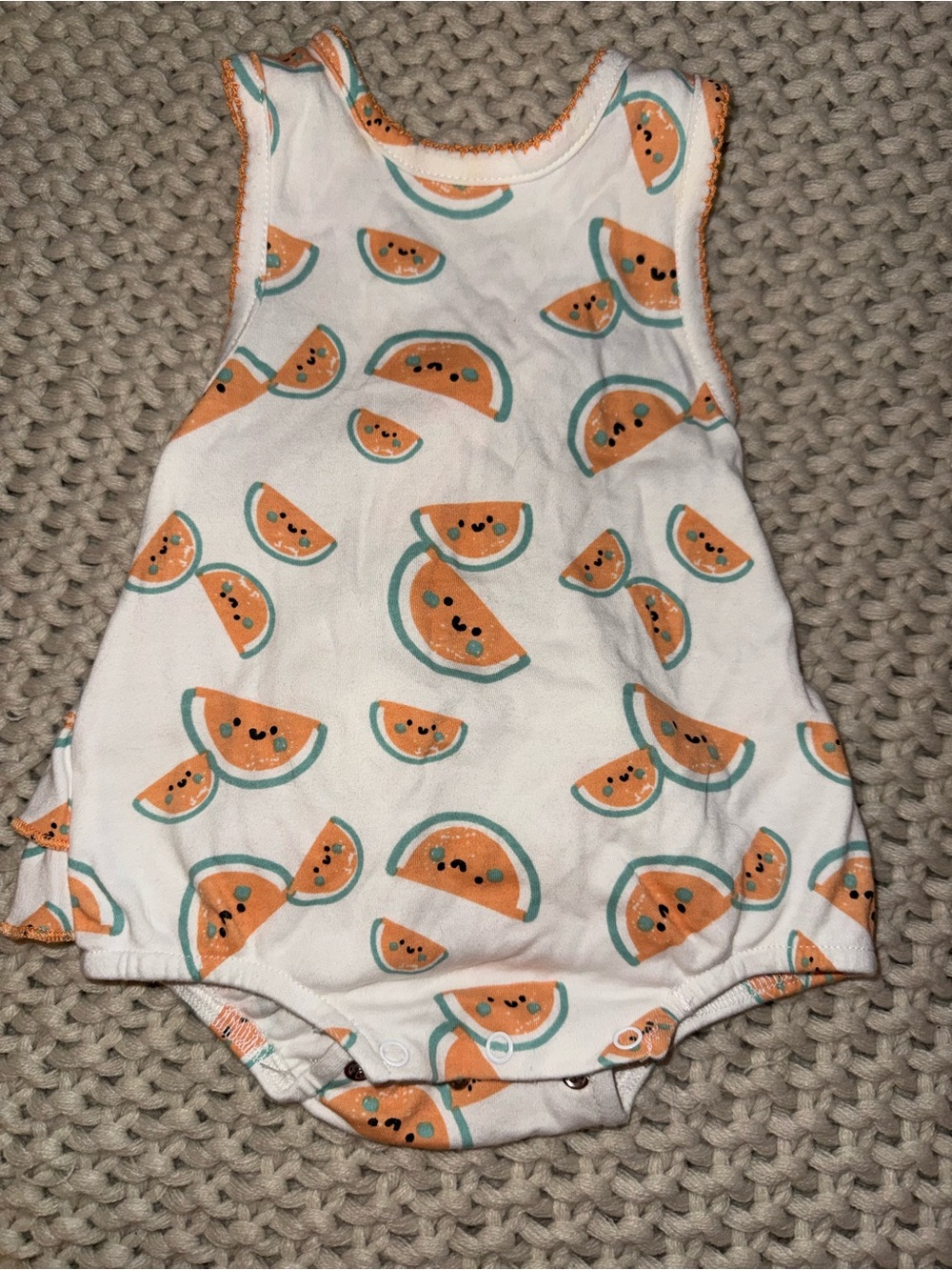 Three Sisters Watermelon Print Ruffle bottom baby bubble romper size 3m